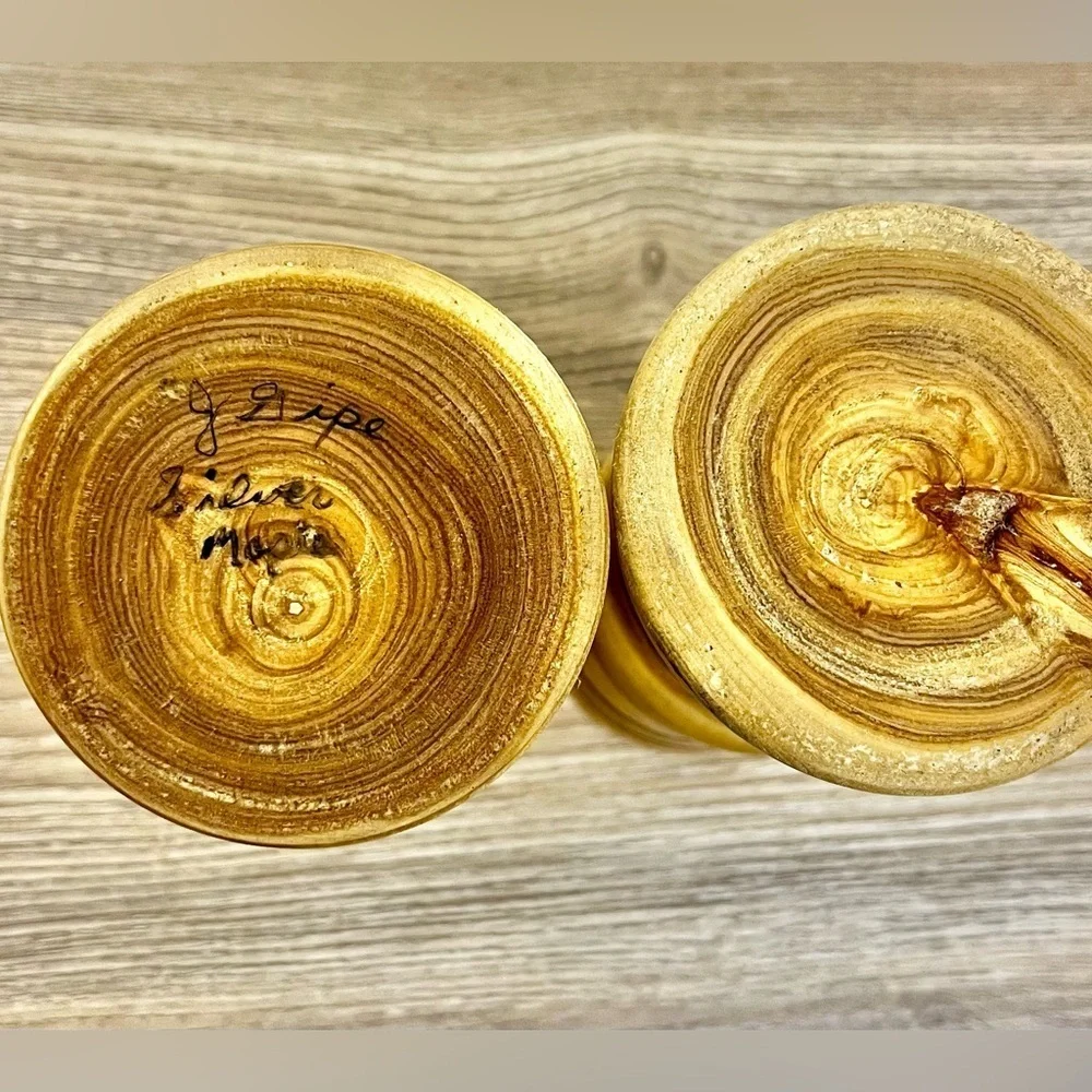 MCM Hand Turned Silver Maple Candle Pair of Holders Signed by Artist